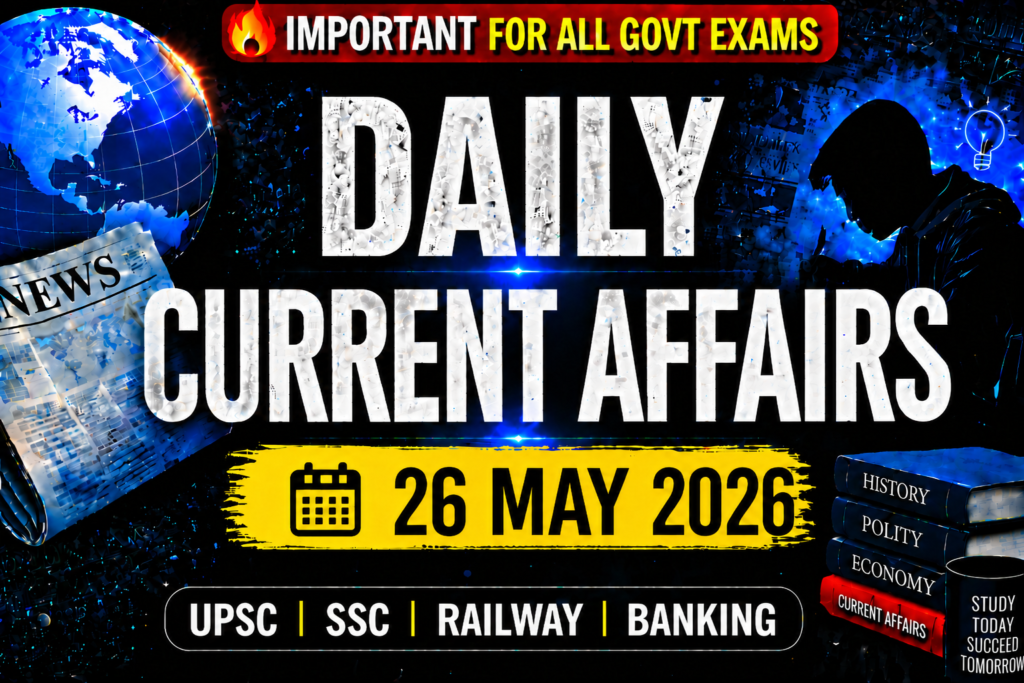 26 MAY 2026 Current Affairs in Hindi, Today Current Affairs Hindi, Daily Current Affairs 2026, GK Questions Hindi 2026, SSC GK 2026, Railway GK Questions, Bihar Police GK, BPSC Current Affairs, UPSC Current Affairs Hindi, One Day Exam GK, Latest Current Affairs Hindi, Daily GK Update, Important Current Affairs 2026, Exam GK Questions Hindi, Competitive Exam GK 2026